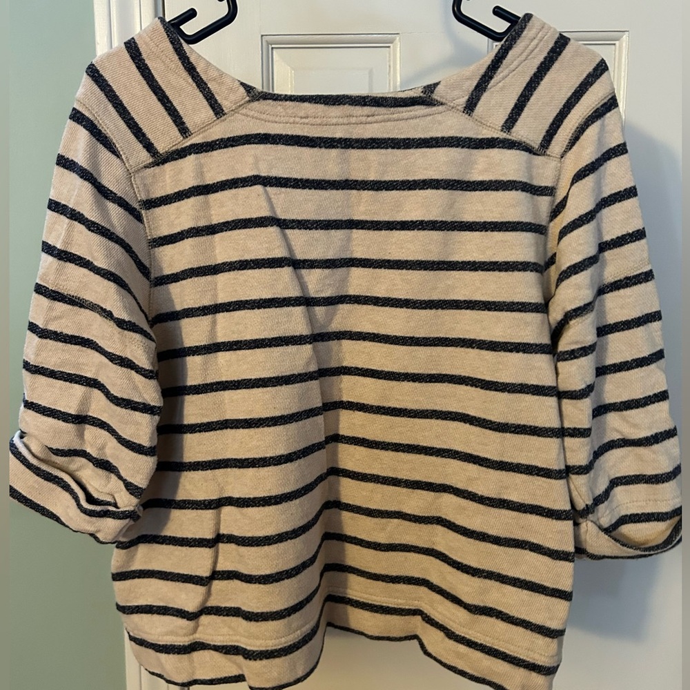 Women’s Coldwater Creek Small Boatneck Tan with Black Stripes Shirt 3/4 Sleeves